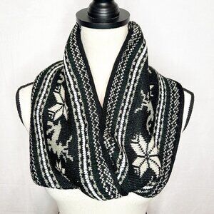 Black Winter Infinity Scarf Reindeer Snowflakes Cable Knit
